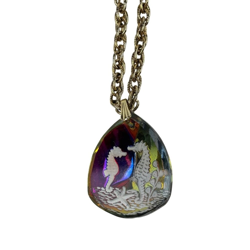 Vintage 70s Seahorse Necklace Rainbow Holographic Tropical Vacation Long Chain P - Picture 5 of 9